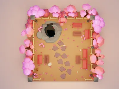 low poly fantasy pink japanese garden scene Low-poly 3D model Low-poly 3D model