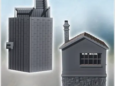 Modern building with access staircase to the first floor and cut 3D print model