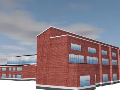 Factory brick building on cloudy day Low-poly 3D model