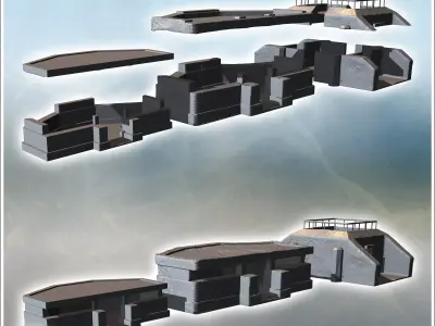 Three modern flat-roofed bunkers with reinforced walls featuring 3D print model