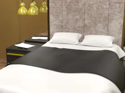 Bedroom with wooden floor and bed 3D model