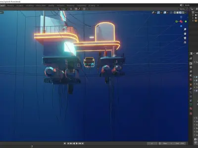 Low poly pitstop neon-lit building in ocean Low-poly 3D model