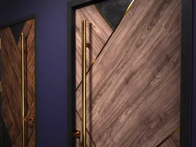 doots two wooden doors with brass handles 3D model