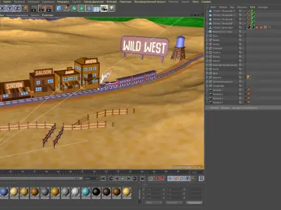 Illustration of Wild West and desert with a railroad Low-poly 3D model