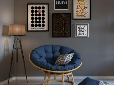 Stairs living room with chair and shelves 3D model