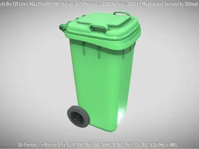 Green Plastic Waste Bin 120 Liters 945x393x480 Low-poly 3D model