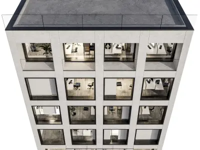 Modern office facade 01 at night with simple interiors 3D model