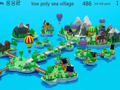 Cartoon sea village Low-poly 3D model
