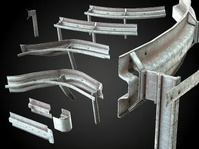 Modular - Rusty road safety barrier Kit - 3D VR  AR  game ready  Low-poly 3D model