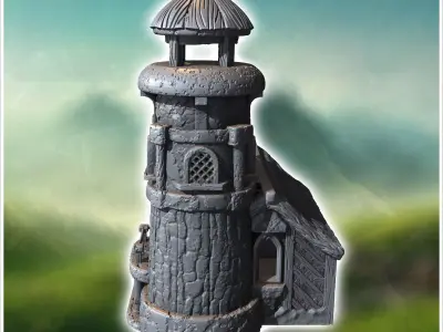Round medieval lighthouse with annex house and access staircase  3D print model