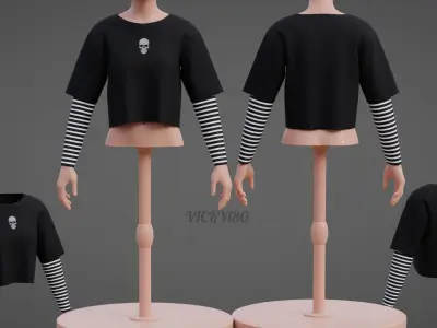 Y2K Grunge Crop top - Goth Stripes Long Sleeve 2piece punk shirt Low-poly 3D model