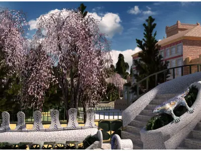 ParkGuell garden with steps and trees 3D model