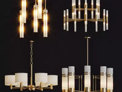 Wide Antique Brass Chandelier and pendant lamps 3D model