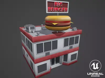 Stylized Big Burger Building Low-poly 3D model