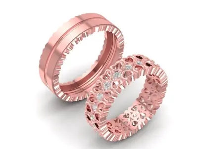 Openwork Heart Pattern Wedding Band Set for Couples 792 3D print model