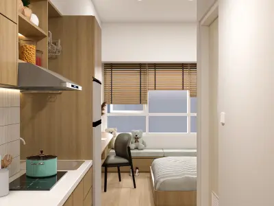 Japandi Studio Apartment - Kitchen - Bedroom - Bathroom Low-poly 3D model