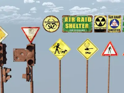 Post-Apocalyptic Survival Urban City Props and Road Signs Pack Low-poly 3D model