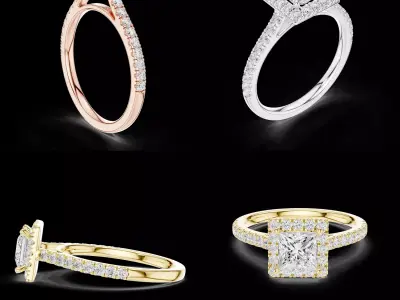 Princess Cut Halo Diamond Engagement Ring CAD 3D print model