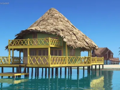  Seaside Hut with Palm Leaf Roof and Elevated Deck Yellow Railings 