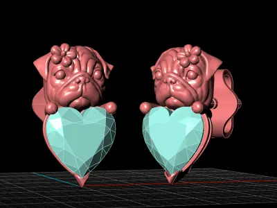 Pug Dog Stud Earrings with Heart Shaped Gems 3D Jewelry Design 3D print model