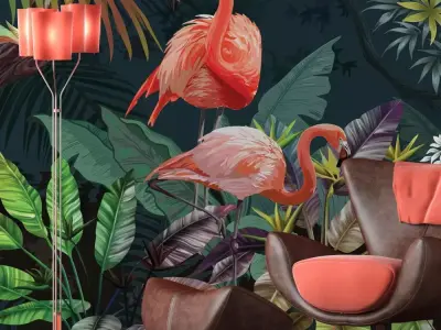 Midnight Jungle Flamingo Mural  Texture