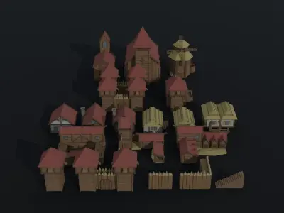 Cartoon medieval wood city asset Polygonal Style Low-poly 3D model