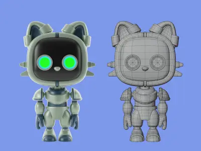 3d cartoon character cat robot Low-poly 3D model