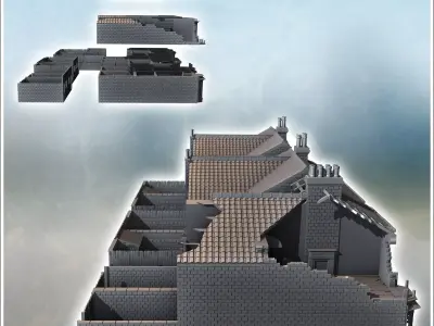 Set of three buildings with large bay windows and a backyard sur 3D print model