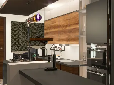 kitchen modern with wooden cabinets and counter tops Free low-poly 3D model