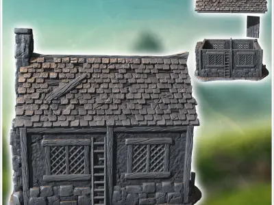 Medieval house with half-timbered walls tiled roof and fireplace 3D print model