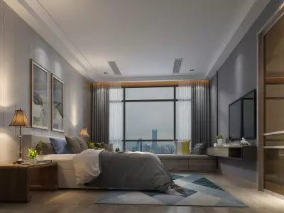 bedroom modern with wooden floors and city 3D model