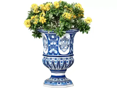 Bouquet yellow flowers Faience pot vase urn planters decoration 3D model