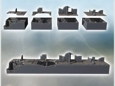 Ruined brick wall with collapsed wooden floor and broken stone f 3D print model