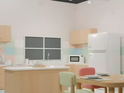 3D Modern Kitchen Interior Dining Table Appliances Cabinets 3D model