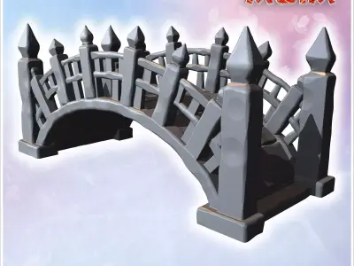 Small wooden bridge with curved design detailed posts and decora 3D print model