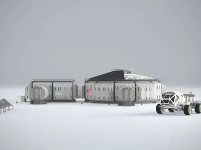 Martian base with rover and solar panels 3D model