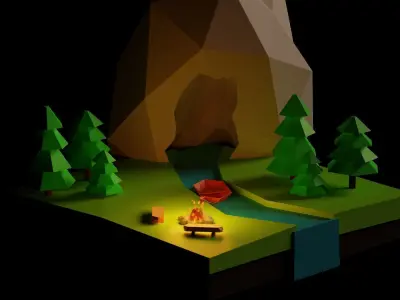 Low Poly Forest camping with campfire and trees Free 3D model