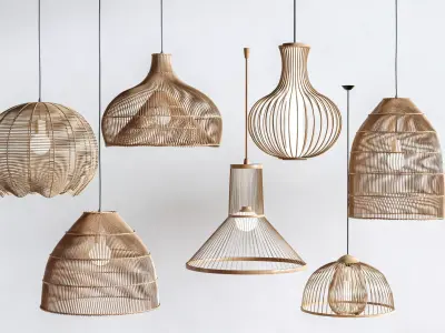 Modern bamboo woven chandelier set 3D model