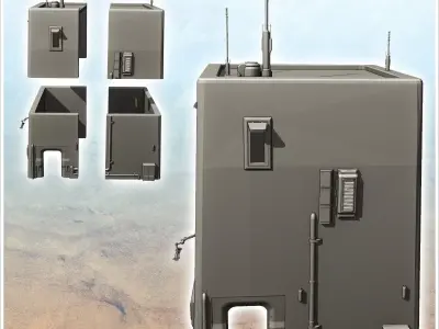 Square futuristic building with exterior pipes and roof antennas 3D print model