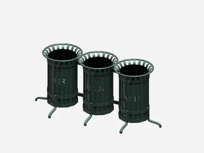 Triple cage type open blue street garbage bin Low-poly 3D model