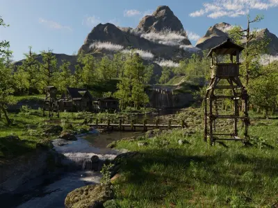 Waterfall Village Scene 3D model