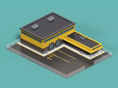 Warehouse Logistics building with forklift and props Low-poly 3D model