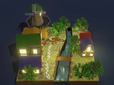 windy village Low-poly 3D model