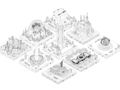 Cartoon Low Poly USA Landmarks Pack Low-poly 3D model