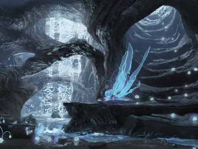 Magic night cave  waterfall energy flower and shells 3D model