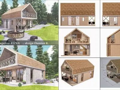 Alpine Style House Bungalow Chalet  basic blue print plans 3D model