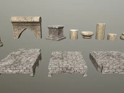 Altar Set stone wall Low-poly 3D model