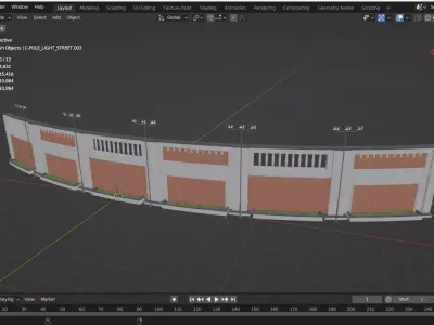 Modern Architectural Boundary Wall With Street Lights Low-poly 3D model