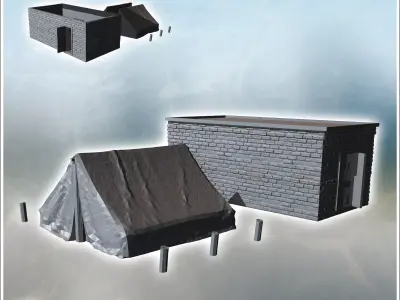 Small brick building with flat roof and two doors adjacent to a  3D print model