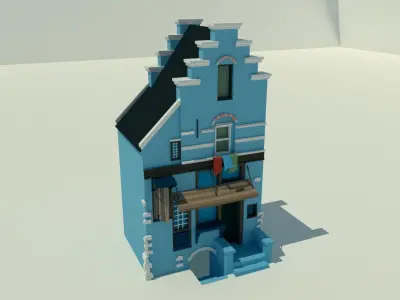 Blue tenement with shop window and basement Low-poly 3D model